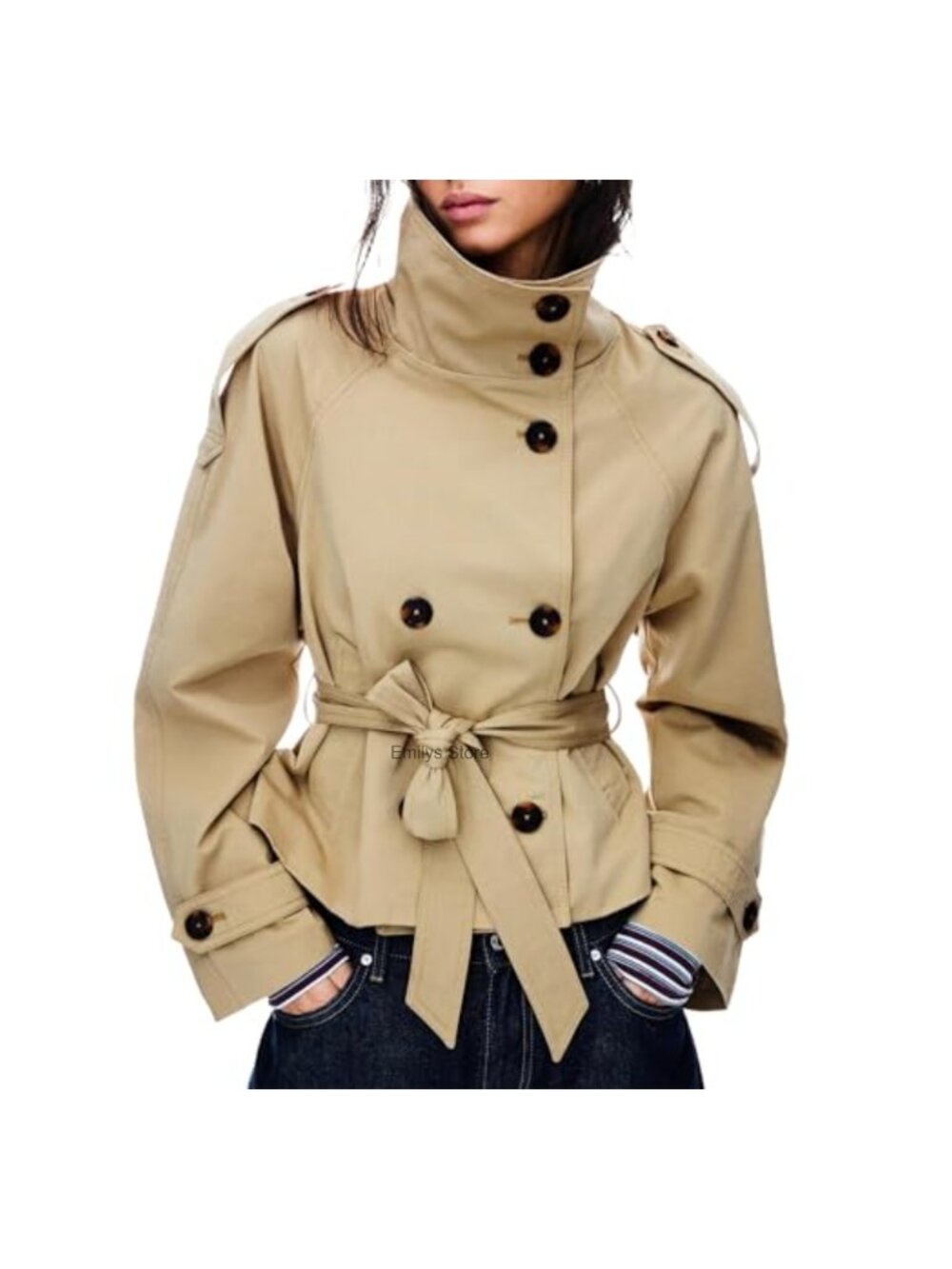 Women's Cropped Trench Coat Double Breasted Belted Fall Winter Jacket